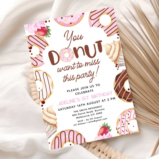 Rosa, du Will nicht, dieses Party zu verpassen Geb Einladung (You Donut Want To Miss This Party Birthday Invitation Donuts themed Girls Birthday Party Invite)