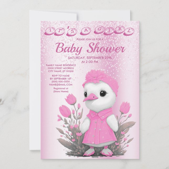 Rosa Duck Girl Babydusche Einladung (Vorderseite)