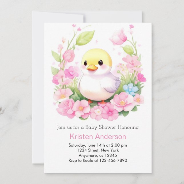 Rosa Duckling Niedliche, schimmernde Girl Baby Dus Einladung (Vorderseite)