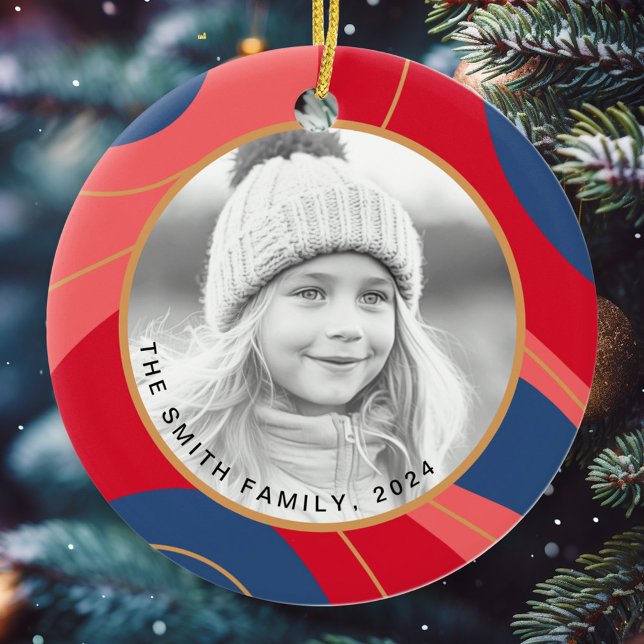 Rosa dunkelblaue Retro-Weihnachtslieder Foto Keramik Ornament (Red pink dark blue retro Christmas photo ceramic ornament)