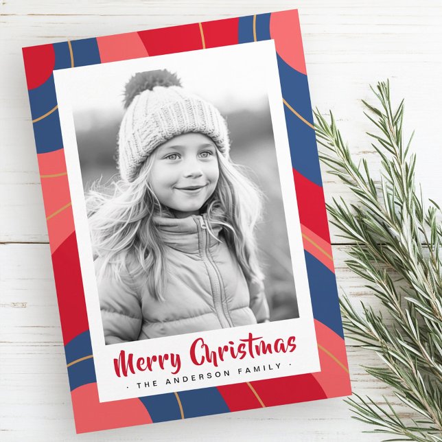 Rosa dunkelblaues Retro fröhliches Weihnachtsfest  Feiertagskarte (Red pink dark blue retro merry Christmas photo holiday card)