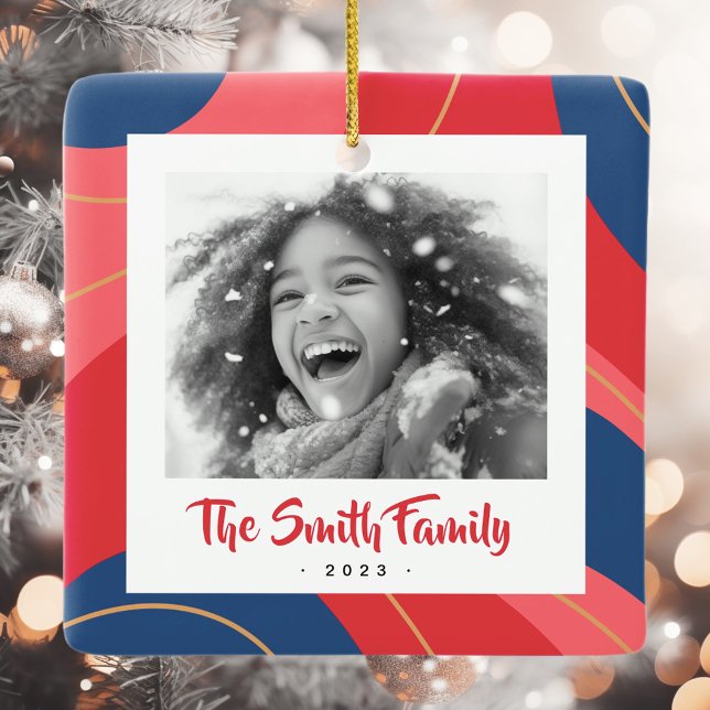 Rosa dunkelblaues Retro Weihnachtsgebäck Foto Keramikornament (Red pink dark blue retro Christmas photo Ceramic Ornament)