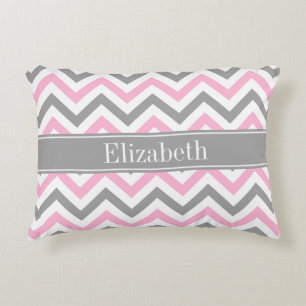 Rosa Dunkelgrau Weiß LG Chevron Grau Name Monogram Zierkissen