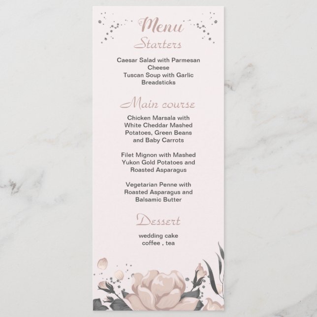 Rosa dunkelgraue Blume botanische Hochzeit Menükarte (Vorderseite)
