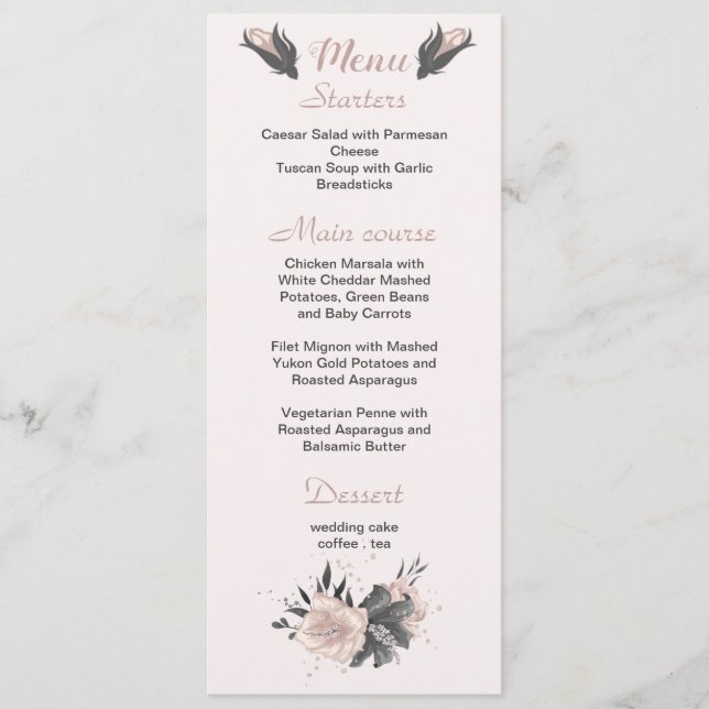 Rosa dunkelgraue Blume botanische Hochzeit Menükarte (Vorderseite)