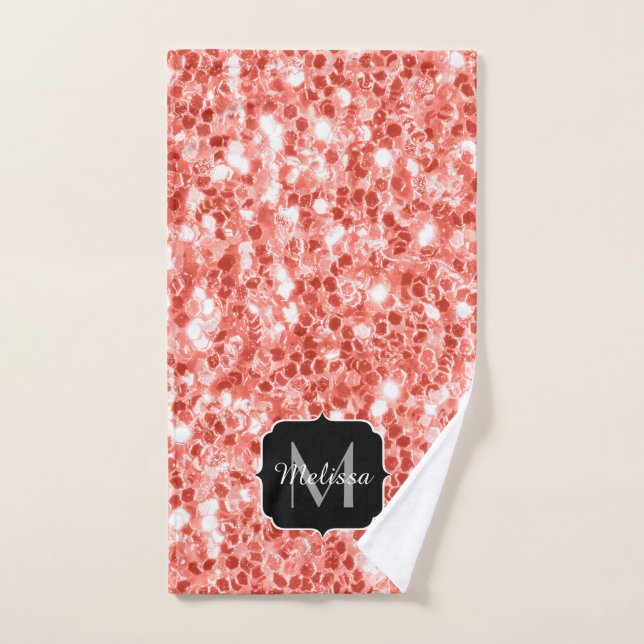 Rosa dunkle Korallen Glitzer Glitzern Monogram Badhandtuch Set (Handtuch)