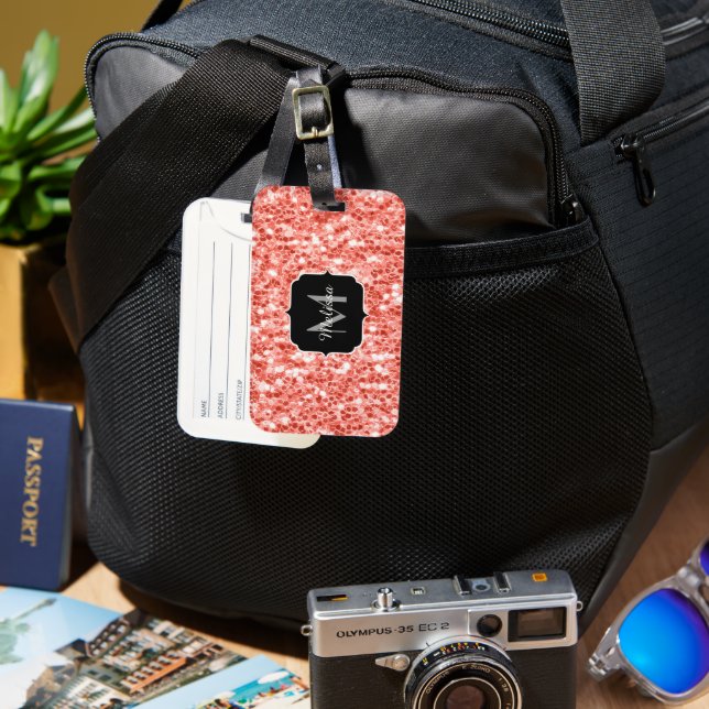 Rosa dunkle Korallen Glitzer Glitzern Monogram Gepäckanhänger (Vorderseite & Rückseite)