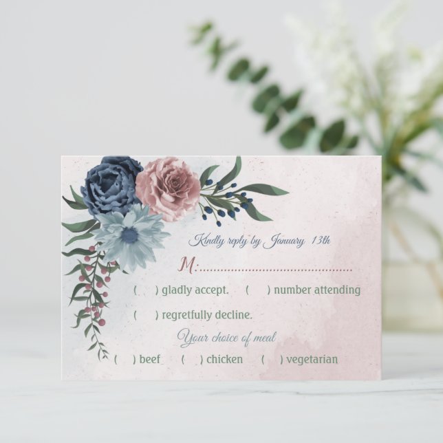 Rosa dustig blaue Blume Grün Auswahl RSVP Karte (Stehend Vorderseite)