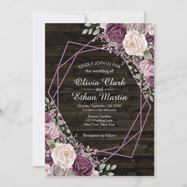 Rosa Dusty Rose Floral Geometric auf dunklem Holz Einladung (Vorderseite)