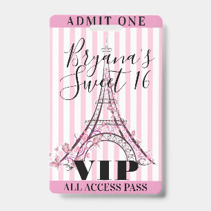 Rosa Eiffelturm Sweet 16 Party VIP Pass Abzeichen Ausweis