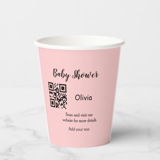 Rosa einfache Babydusche q r Code hinzufügen Name  Pappbecher (Vorderseite)