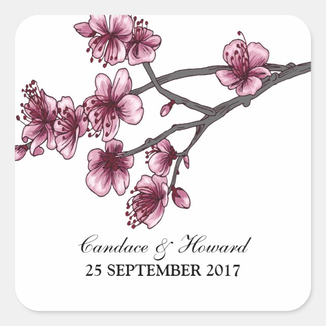 Rosa einfache Kirschblüten Hochzeitskleber Quadratischer Aufkleber (Vorderseite)