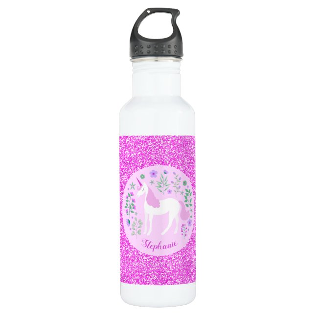 Rosa Einhorn Glitzer Personalisiert Edelstahlflasche (Vorderseite)