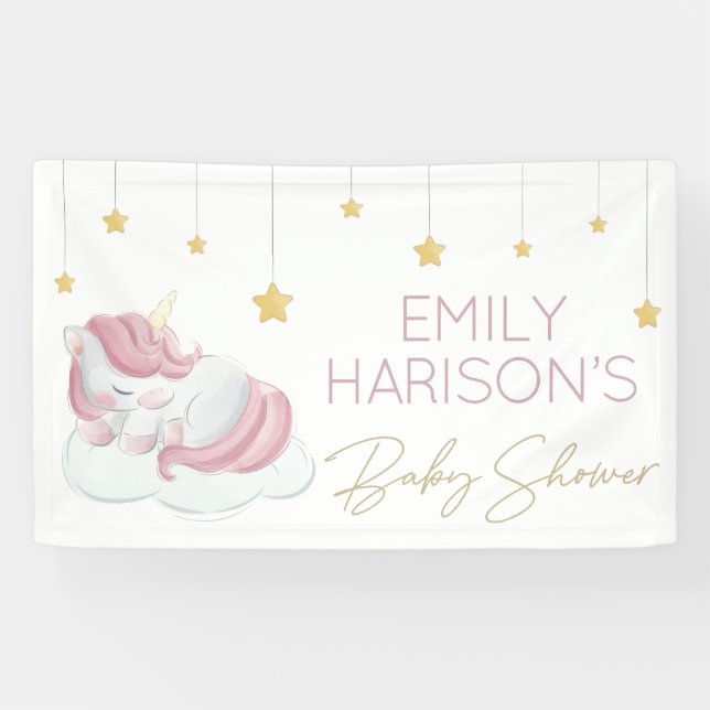 Rosa Einhorn Gold Stars Kinderdusche Banner (Horizontal)