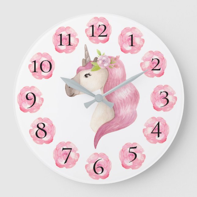 Rosa Einhorn Hübsch Girly Pastel Floral Große Wanduhr (Vorderseite)