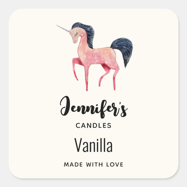 Rosa Einhorn mit Black Mane Candle Business Quadratischer Aufkleber (Vorderseite)