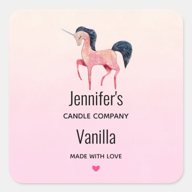 Rosa Einhorn mit Black Mane Candle Business Quadratischer Aufkleber (Vorderseite)