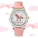 Rosa Einhorn mit Namen personalizable Armbanduhr<br><div class="desc">Das Design hat ein rosa Schlafunkorn mit einer schönen Mane und einer Geschichte. Es gibt einen Namen auf der Uhr,  den Sie personalisieren können. Diese Armbanduhr ist ideal für Mädchen,  die Einhörner mögen. Es ist ein digitales zeichn.</div>