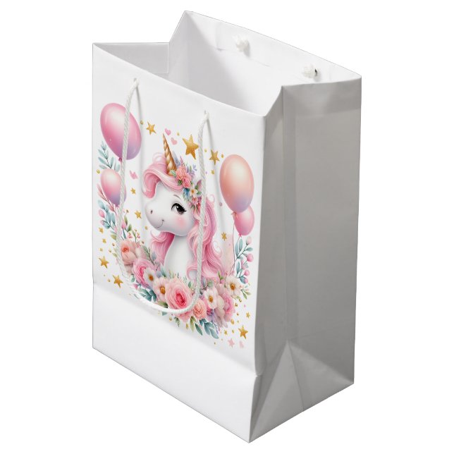 Rosa Einhorn Mittlere Geschenktüte (Vorderseite Schrägansicht)