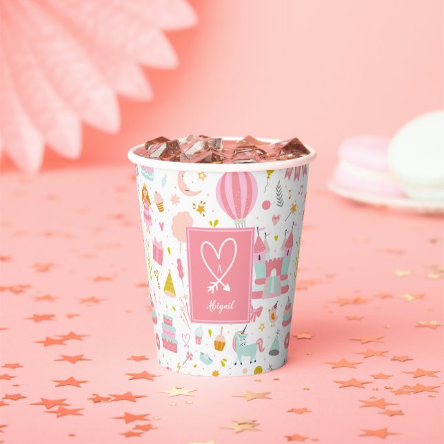 Rosa Einhorn Party Muster Mit Monogramm Girl Kinde Pappbecher (Insitu)