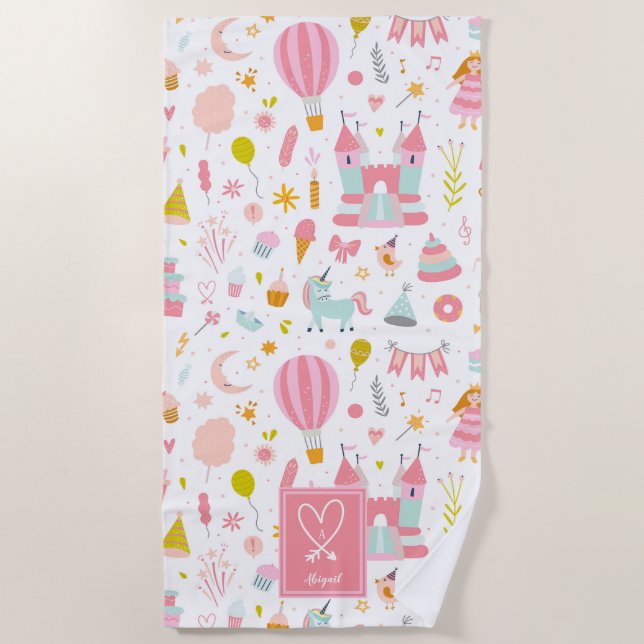Rosa Einhorn Party Muster Mit Monogramm Girl Kinde Strandtuch (Vorderseite)