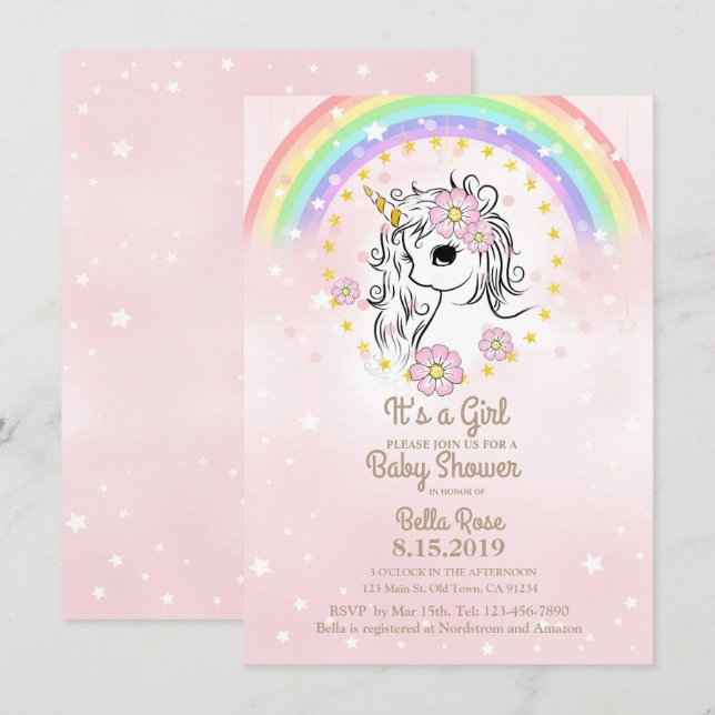Rosa Einhorn RainBow Girl Babyduschkarten Einladung (Vorne/Hinten)