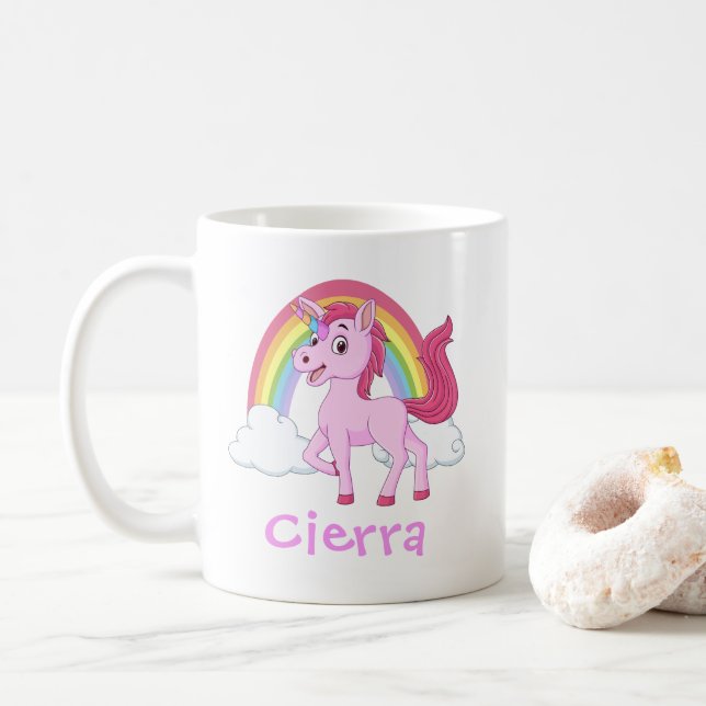 Rosa Einhorn Regenbogen Personalisierter Name Kaffeetasse (Mit Donut)