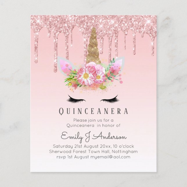Rosa Einhorn Rose Gold Tropfen Glitzer QUINCEANERA (Vorderseite)