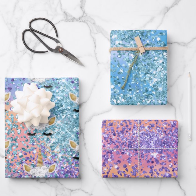 Rosa Einhorn Sparkle Lila Aqua Glitzer Confetti Geschenkpapier Set (Vorderseite)