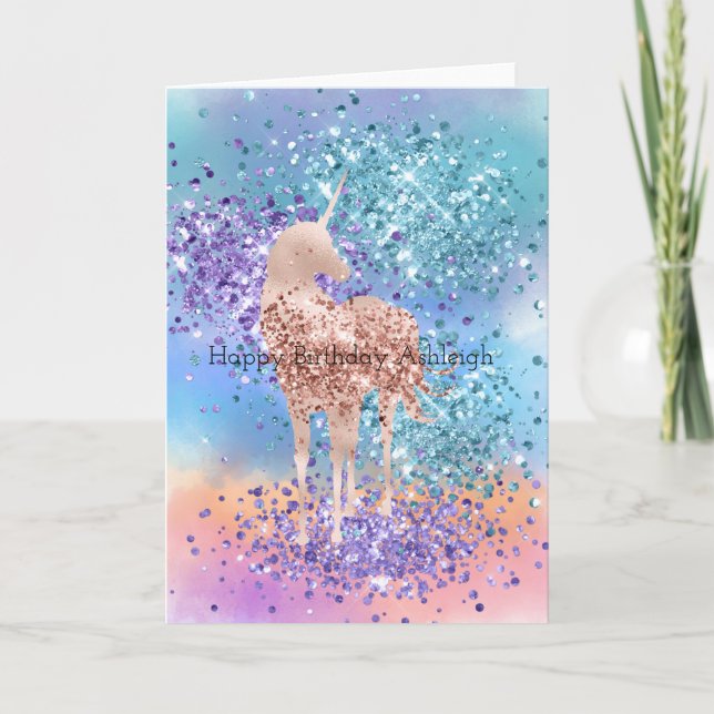 Rosa Einhorn Sparkle Lila Aqua Glitzer Confetti Karte (Vorderseite)