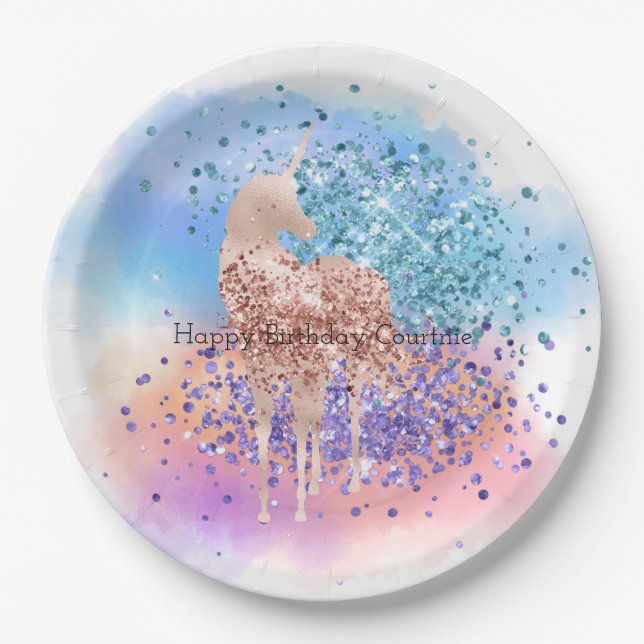 Rosa Einhorn Sparkle Lila Aqua Glitzer Confetti Pappteller (Vorderseite)