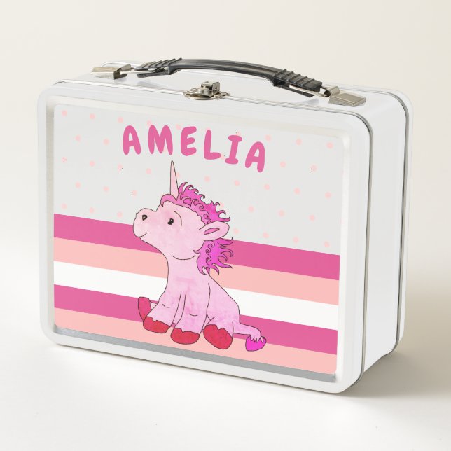 Rosa Einhorn Streifen Polka Dot Girl  Metall Brotdose (Vorderseite)