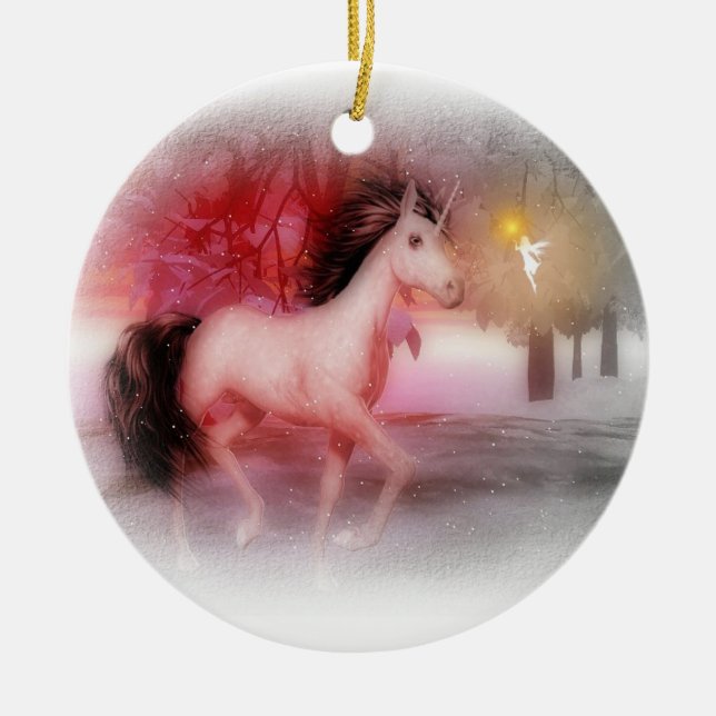 Rosa Einhorn und Feewinternachtverzierung Keramik Ornament (Vorne)