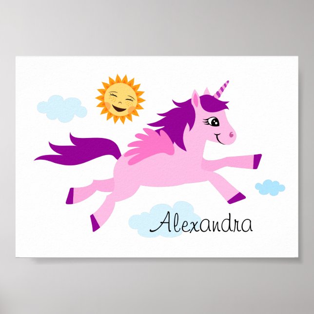 Rosa Einhorn und glückliche Sonne, Wandkunst für K Poster (Vorne)