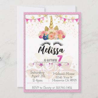 Rosa Einhorn wird 7 Geburtstagsparty Einladung