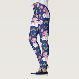 Rosa Einhörner & Floralien auf Navy Leggings