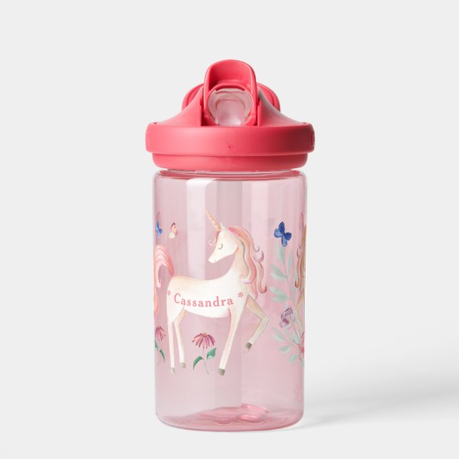Rosa Einhörner im Blumengarten Wasserflasche Trinkflasche (Vorne)