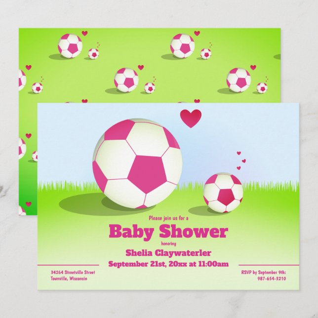 Rosa Einladung der Fußball-/Fußball-Babyparty-| (Vorne/Hinten)