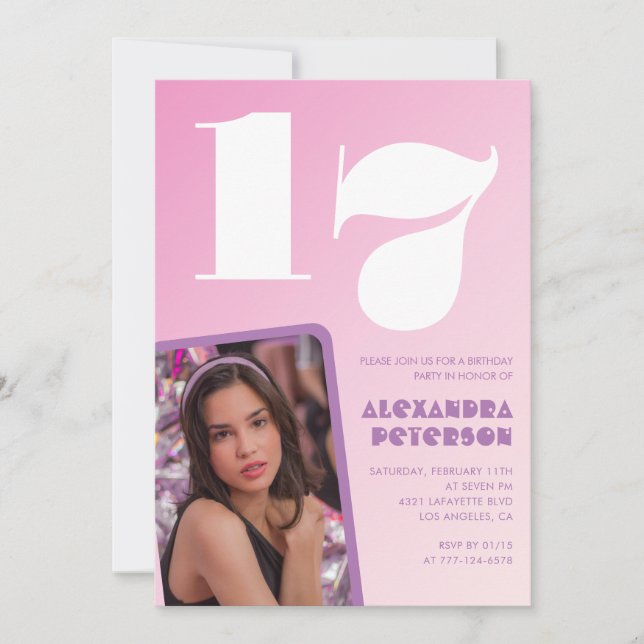 Rosa Einladung zum 17. Geburtstag Retro Foto (Vorderseite)