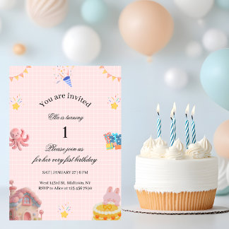 Rosa Einladung zum 1. Geburtstag