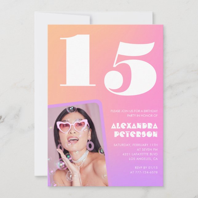 Rosa Einladungen zum 15. Geburtstag für ihr Retro- (Vorderseite)