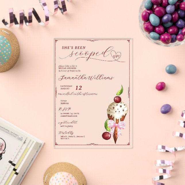 Rosa Eis Cream Cherry Red Scoopup Brautparty Acryleinladungen (Insitu (Feier))