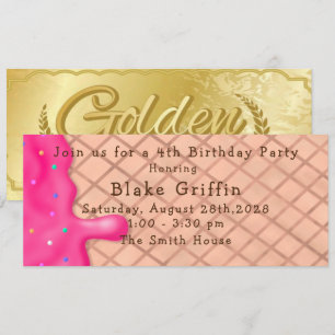 Rosa Eiscreme Goldenes Ticket Einladung zum Geburt