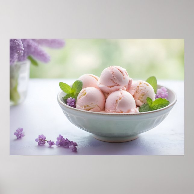 Rosa Eiscreme mit Lilac-Blume und grüner Minze Poster (Vorne)