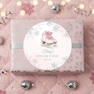 Rosa Eislaufen Geburtstag Silber Glitter Schneeflo Runder Aufkleber