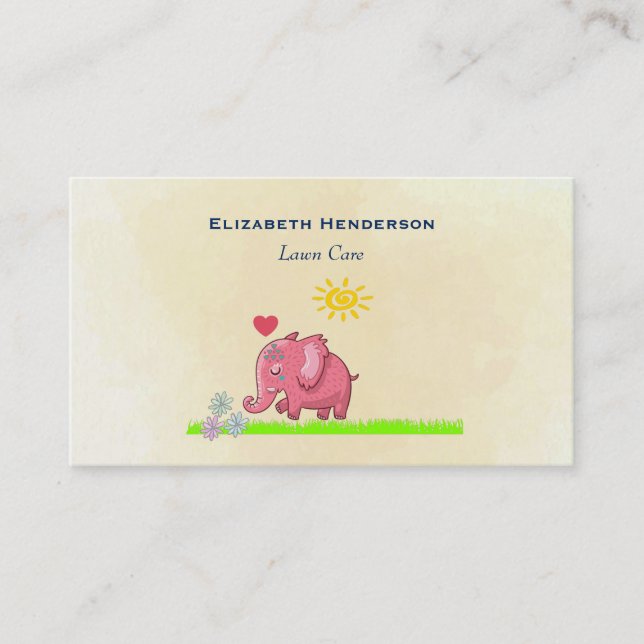 Rosa Elefant auf grünem Gras riecht Blume Visitenkarte (Vorderseite)