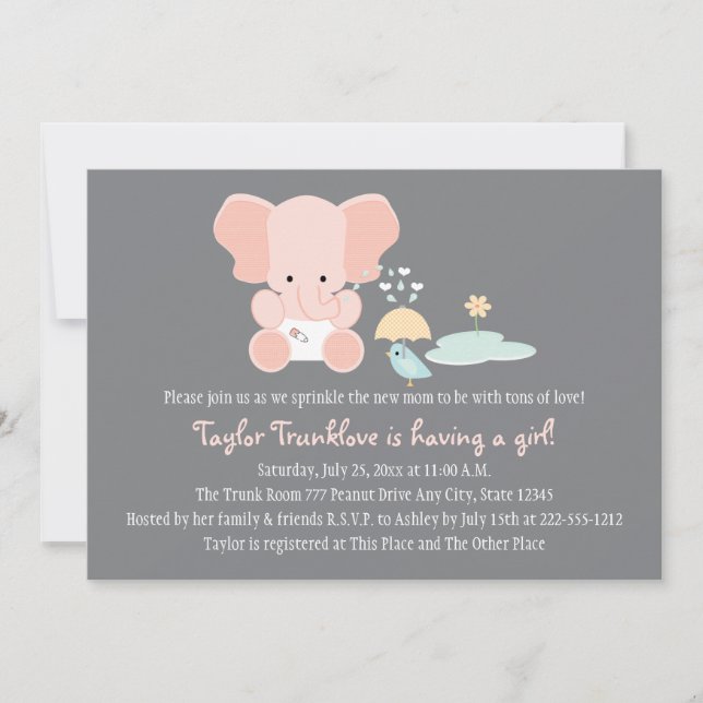 Rosa Elefant Little Bird Baby Sprinkle Einladung (Vorderseite)