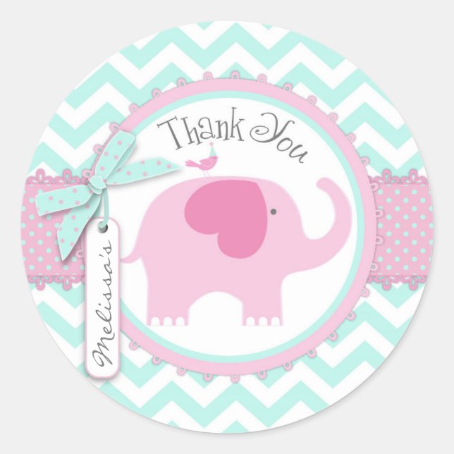Rosa Elefant und Zickzack Print Baby Dusche Runder Aufkleber (Vorderseite)