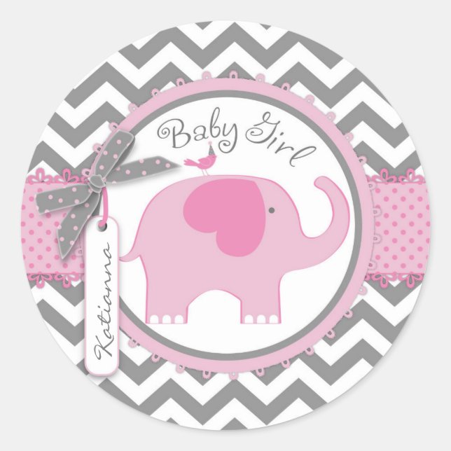 Rosa Elefant und Zickzack Print Baby Dusche Runder Aufkleber (Vorderseite)