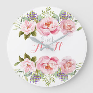 Rosa Elegant Blumenreath Monogram Wedding 25. Große Wanduhr